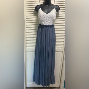 Mind Code Crocheted Pleated Linded‎ Maxi Dress Size Large White/Blue NWOT